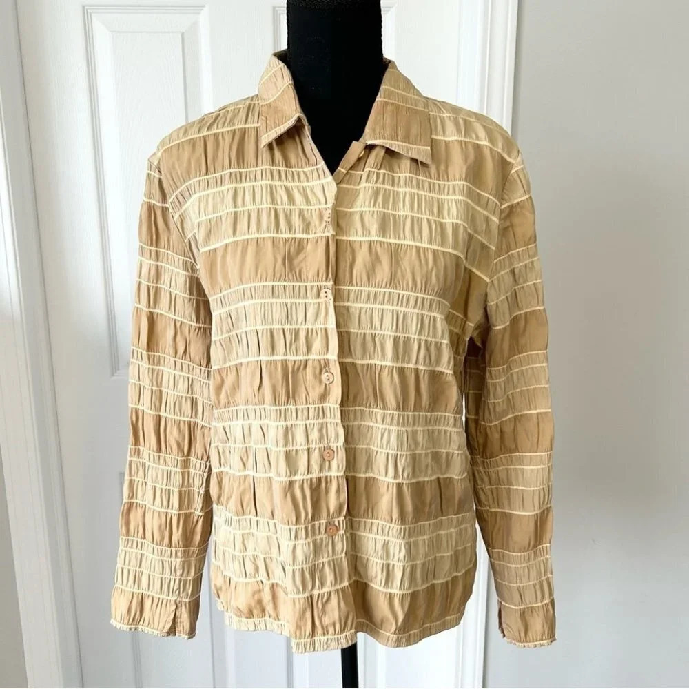 A&K Designs Tan Beige Smocked Button Down  Blouse